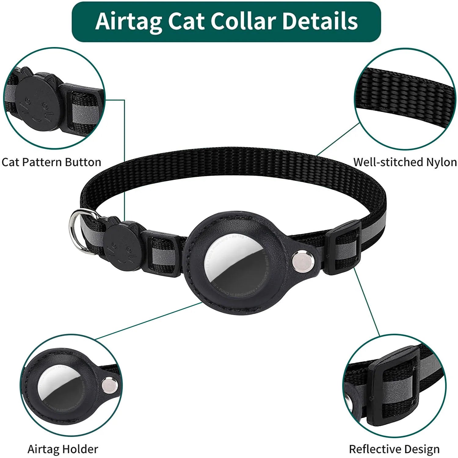 Adjustable Waterproof Cat Collar with Breakaway Design, Reflective Strips, and Airtag Holder