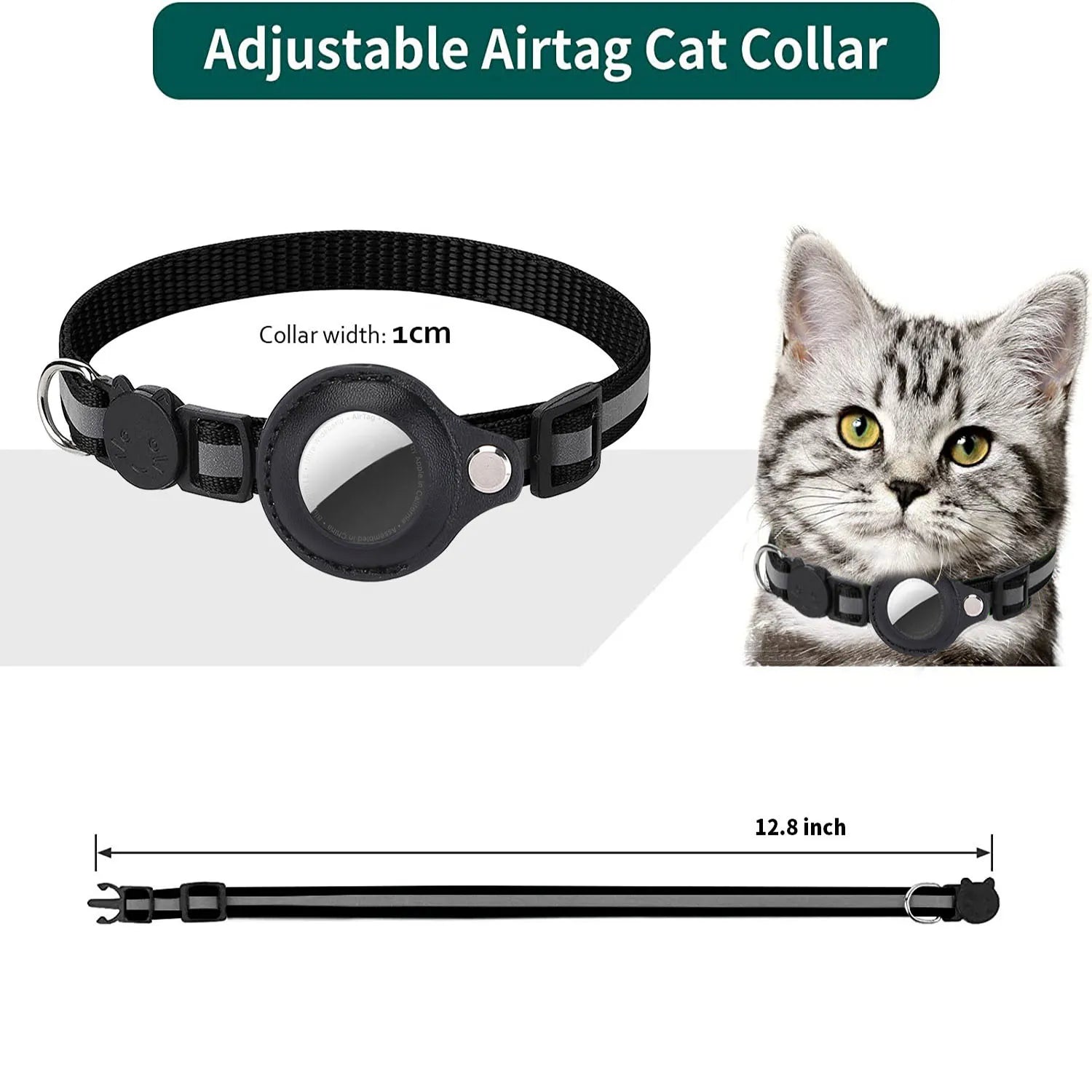 Adjustable Waterproof Cat Collar with Breakaway Design, Reflective Strips, and Airtag Holder